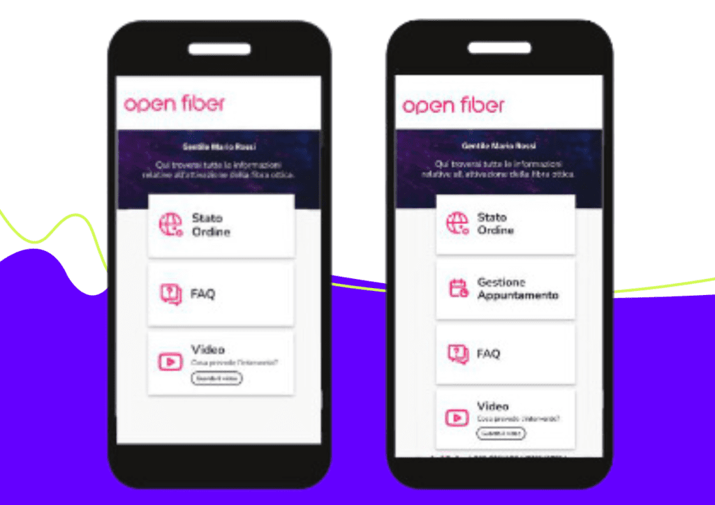 MyFiber App: schermata applicazione, Gestisci appungtamenti, Stato ordine, FAQ, Video.